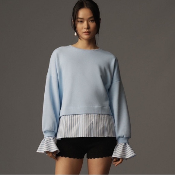 NWT! ANTHROPOLOGIE BLUE WEDGEWOOD MAEVE STRIPED TRIM TWOFER SWEATSHIRT- MEDIUM 💚 - Picture 1 of 7